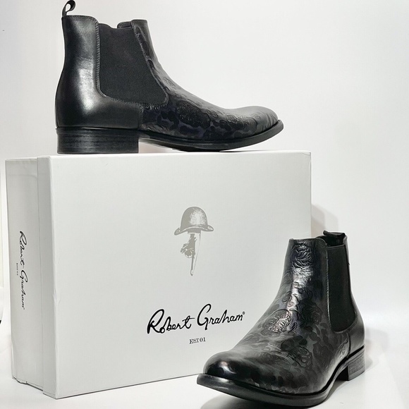 NEW Robert Graham Men’s Dawson Chelsea Boots Embossed Skull Roses Black Leather - Picture 3 of 16